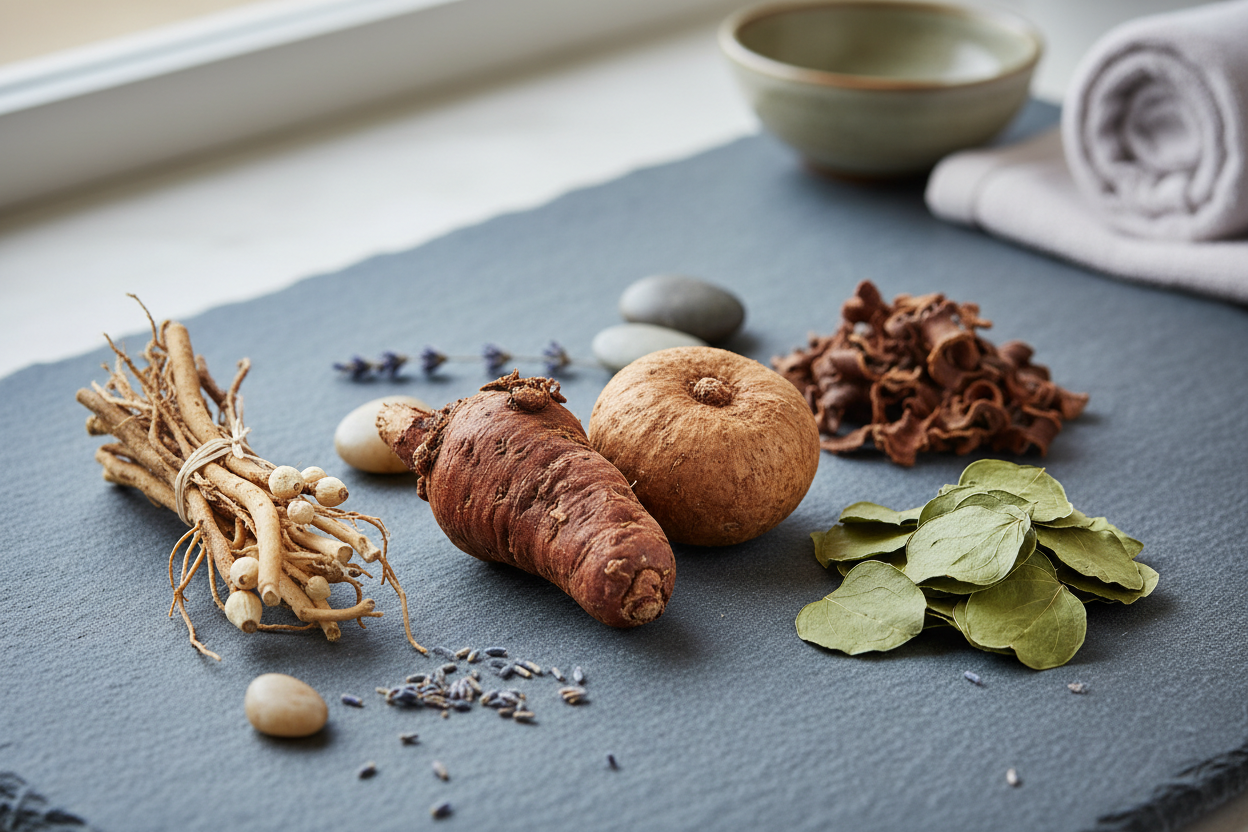 Natural ingredients for Men's health, including herbs and roots, promoting wellness and vitality.