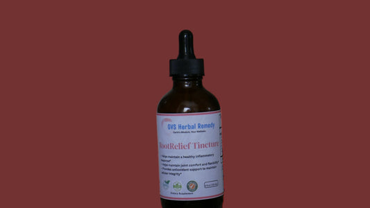 Bottle of DVM Herbal Remedies RootRelief Tincture on a brown background