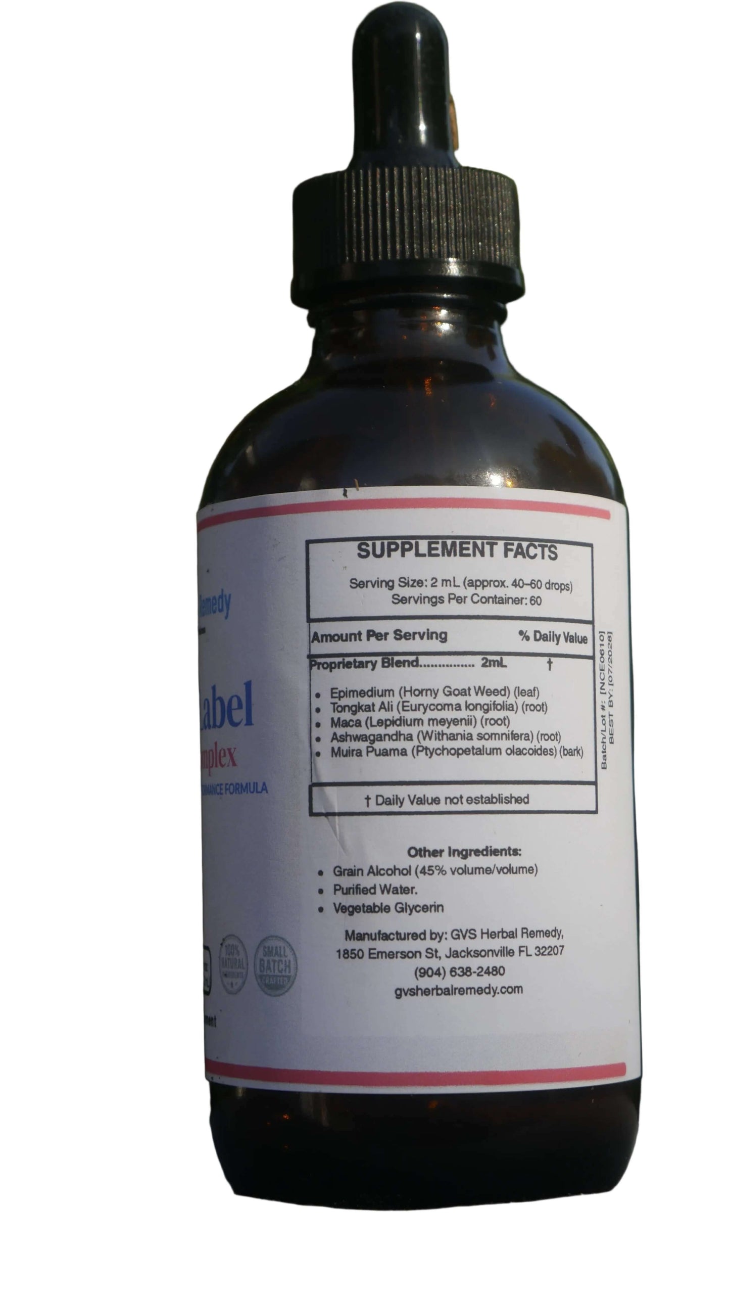 Black Label Libido Complex liquid supplement bottle with supplement facts listed on the back.