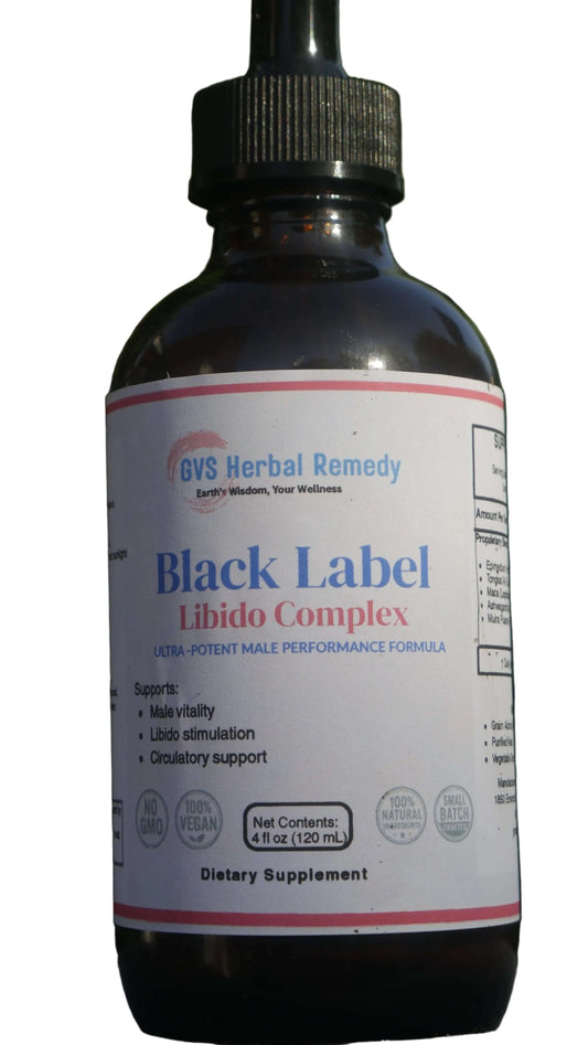 Bottle of Black Label Libido Complex dietary supplement for male performance and vitality support.