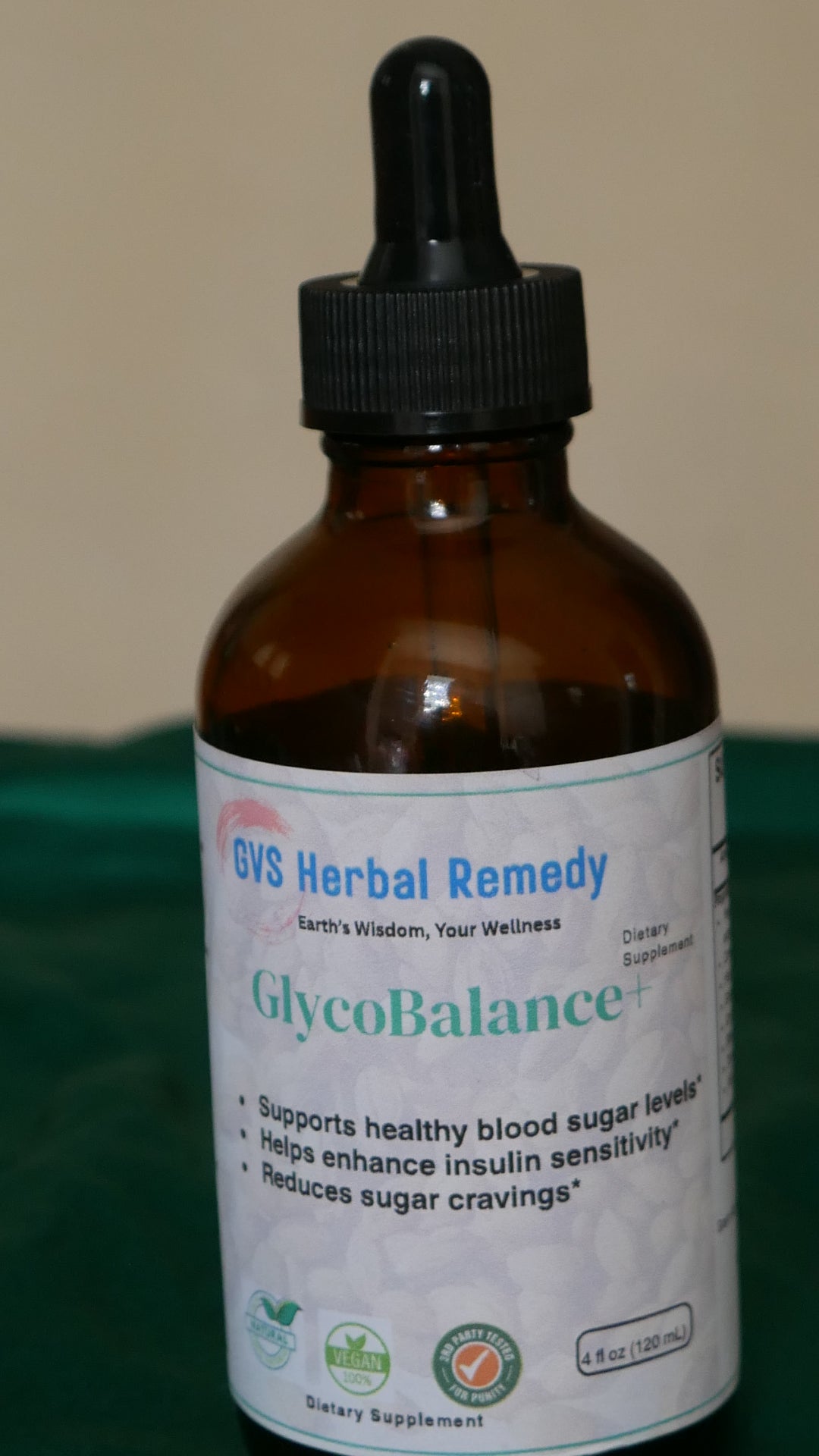 GlycoBalance herbal remedy bottle with dropper on a beige background