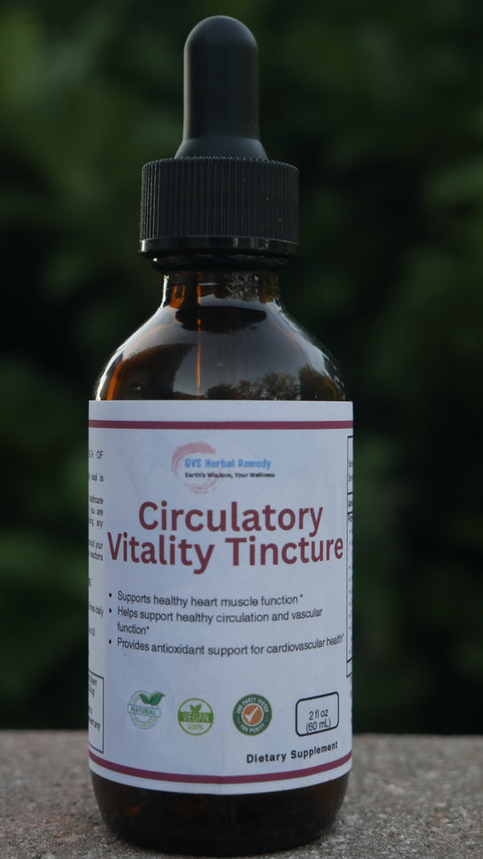 Bottle of Circulatory Vitality Tincture with a dropper on a blurred background