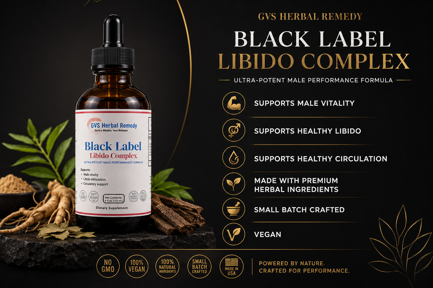 Bottle of GVS Herbal Remedy Black Label Libido Complex with product details on a dark background