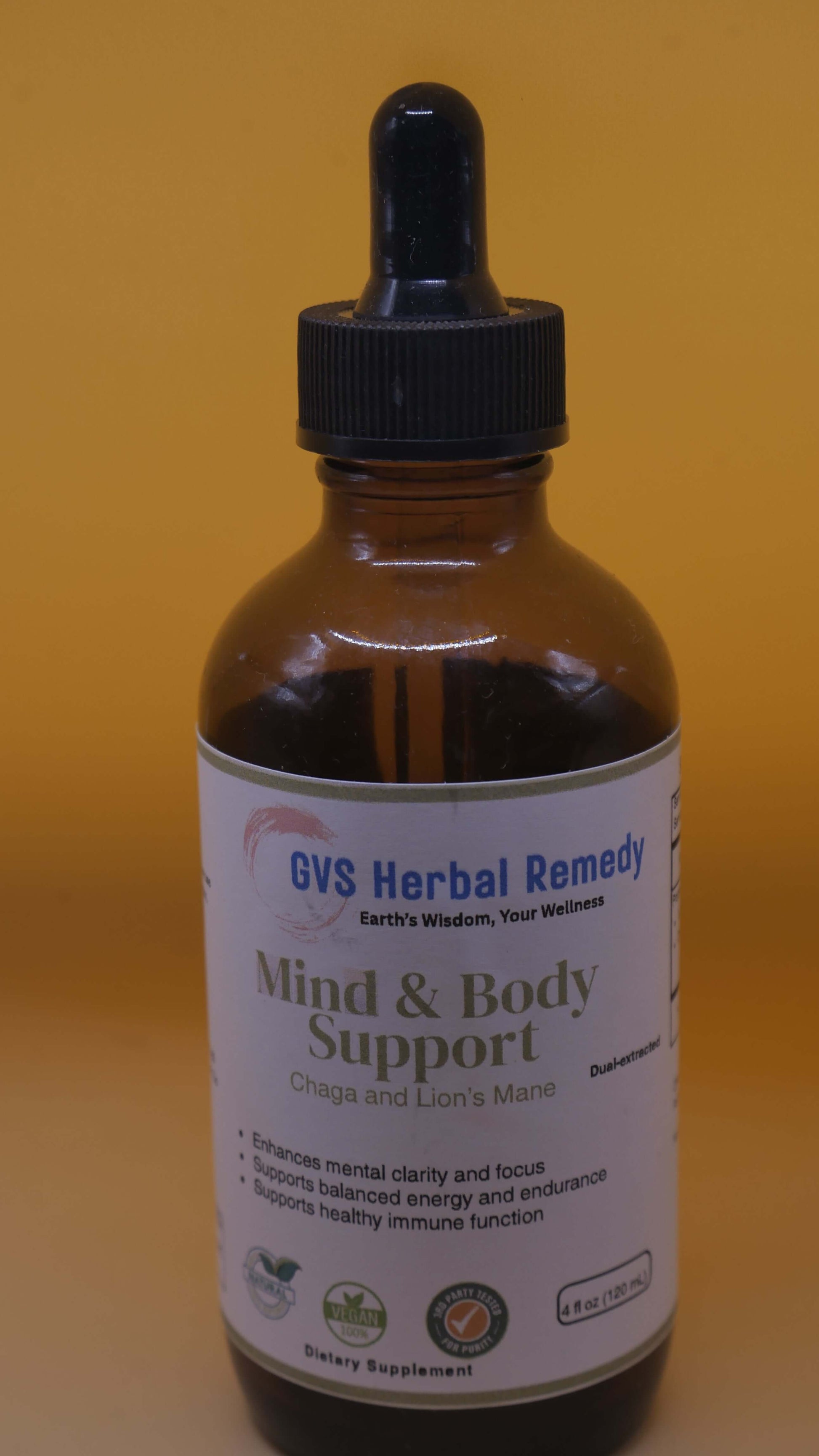 Supplement facts label on a Lion's Mane & Chaga tincture showcasing its ingredients and dosage.