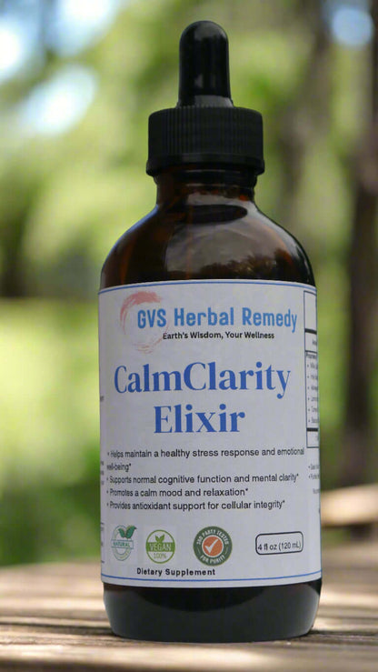 Bottle of CalmClarity Elixir with a blurred green background