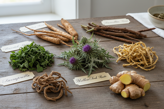 create a photorealistic image of the following herbs; Milk Thistle, Nettle Leaf, Sarsaparilla, Burdock Root, yellow dock roots, ginger Dandelion Root. on a wooden table, add a label to each of the herb