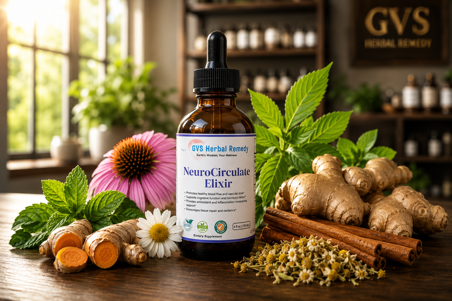 Bottle of GVS Neurocirculate Elixir with herbs and flowers on a wooden surface