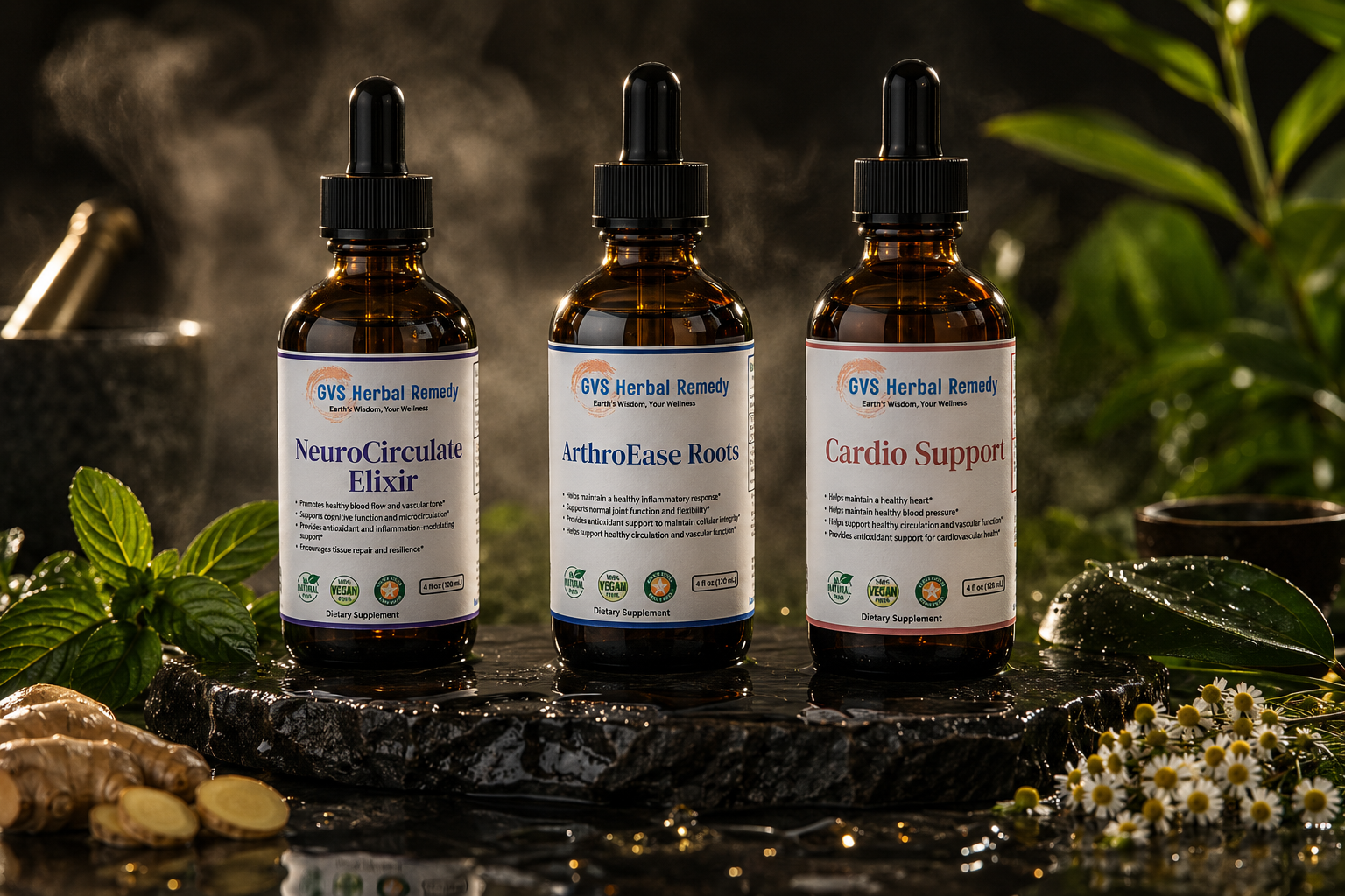 Three bottles of GVS Herbal Remedies on a dark surface with herbs and plants around.