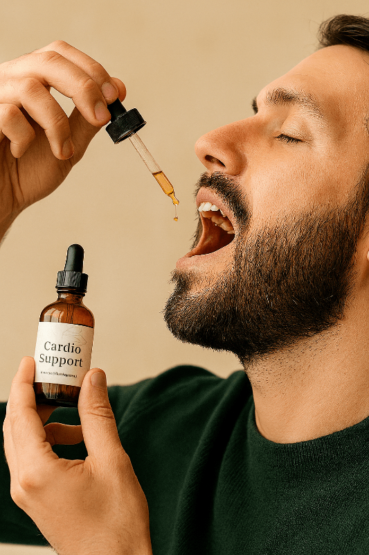 Man holding a bottle labeled 'Cardio Support' with a dropper near his mouth against a beige background