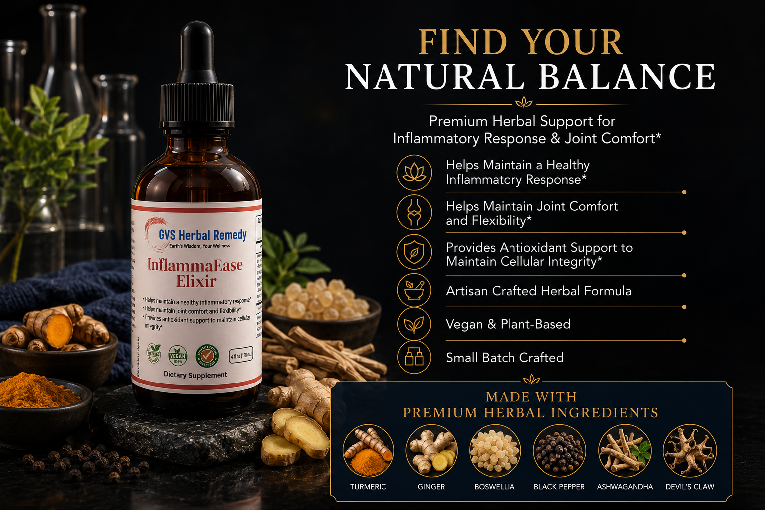 GVS Herbal Remedy InflammaEase Elixir with ingredients and text on a dark background